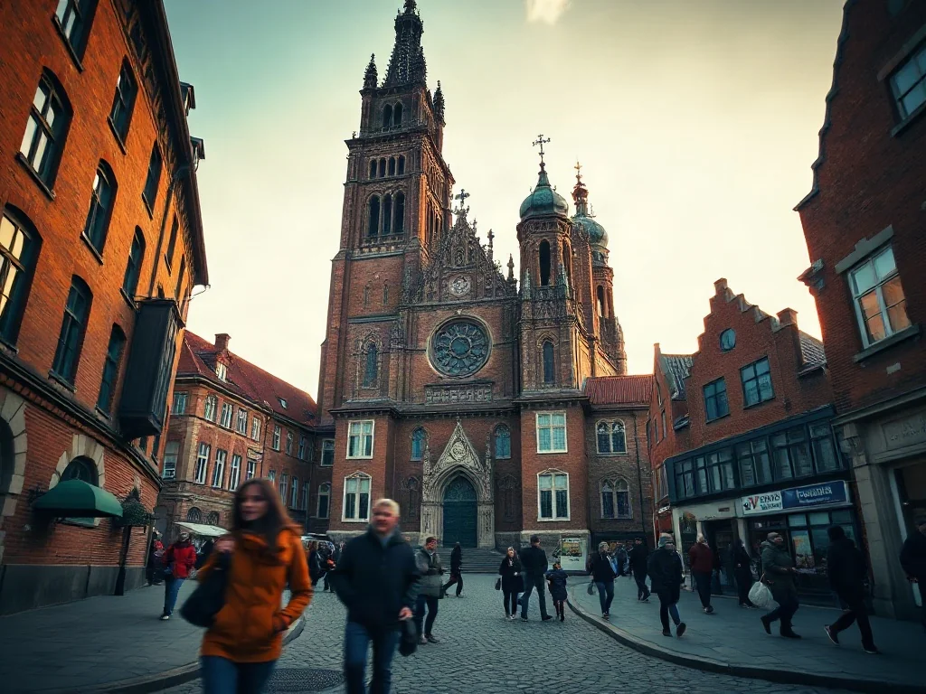 Majestatyczna sylwetka Bazyliki Mariackiej w Gdańsku górująca nad historyczną zabudową Starego Miasta w świetle zachodzącego słońca.