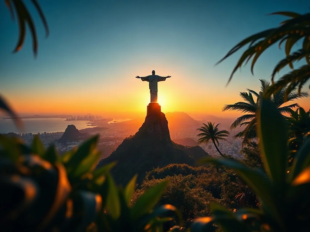 Statua Chrystusa Odkupiciela na szczycie góry Corcovado o zachodzie słońca z panoramą Rio de Janeiro w tle.