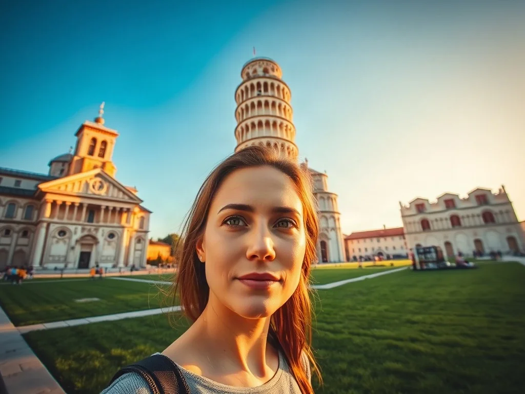 Turystka podziwiająca Krzywą Wieżę w Pizie na tle błękitnego nieba i zabytkowego placu Piazza dei Miracoli.