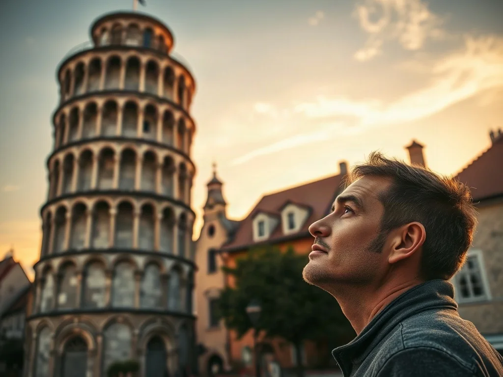 Mężczyzna podziwiający Krzywą Wieżę w Ząbkowicach Śląskich podczas złotej godziny na tle zabytkowej architektury miasta.