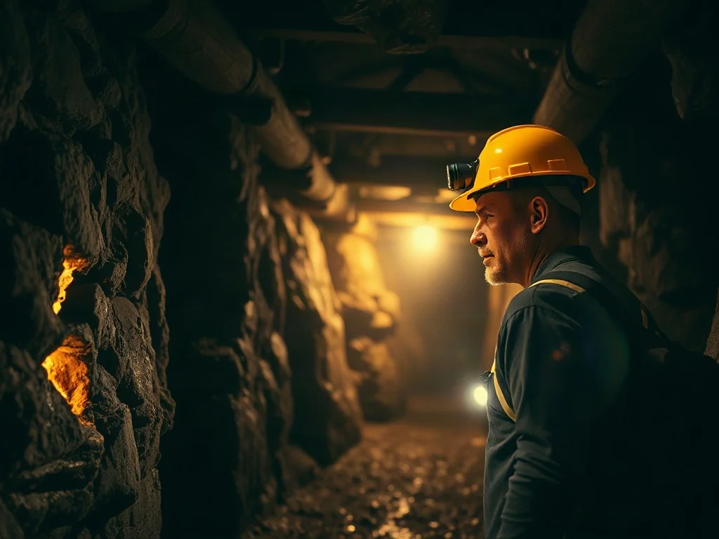 Turysta w żółtym kasku ogląda żyłę złota na skalnej ścianie w mrocznym, oświetlonym tunelu kopalni w Złotym Stoku.