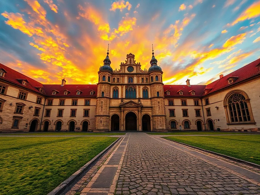 Imponująca barokowa fasada klasztoru cystersów w Lubiążu o zachodzie słońca. Widok na monumentalny kompleks architektoniczny.