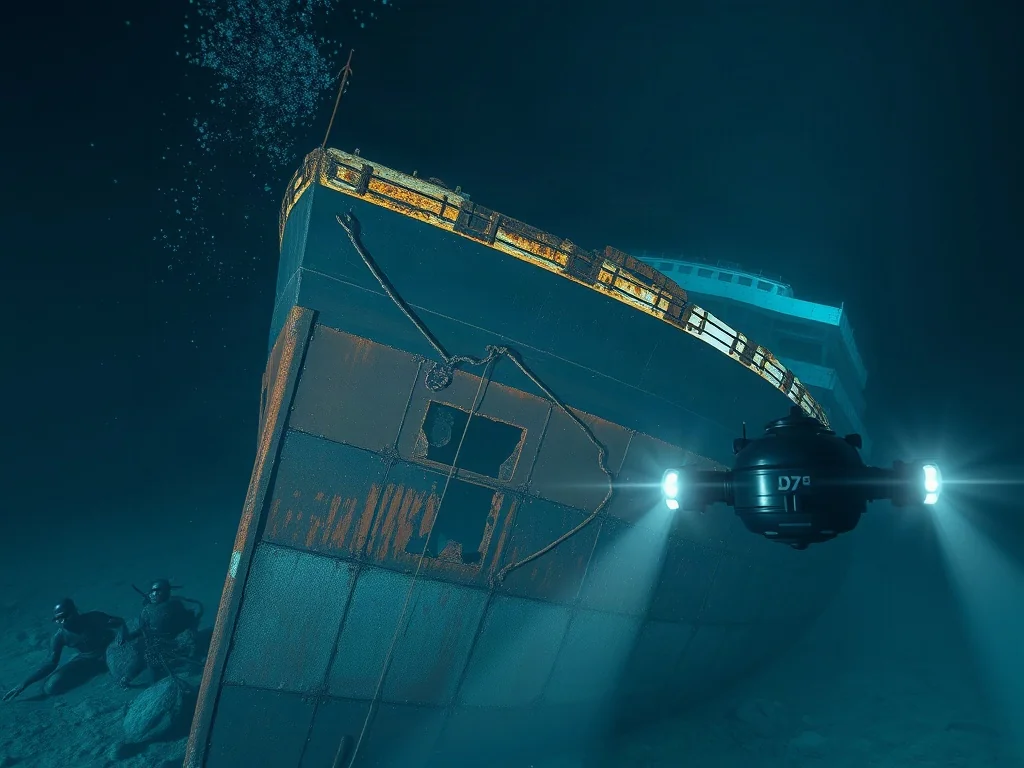 Zdalnie sterowany pojazd oświetla reflektorami zardzewiały dziób wraku Titanica spoczywający na dnie oceanu.